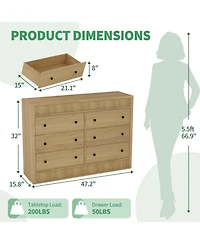 homfan Modern Fluted 6-Drawer Dresser Wide Oak Wood Storage Cabinet for Bedroom Living Room Entryway, Sleek Hallway Chest