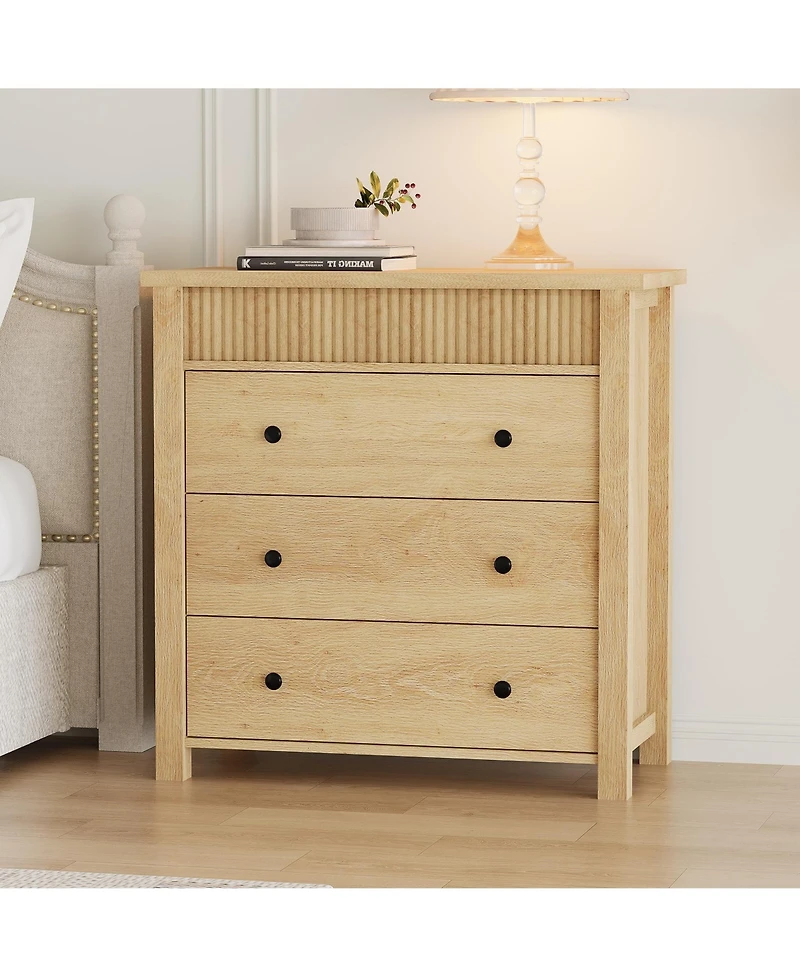 homfan 3 Drawer Dresser for Bedroom Nightstand Wooden Chest of Drawers, Fluted End Table, Storage Organizer for Living Room, Hallway and Entryway