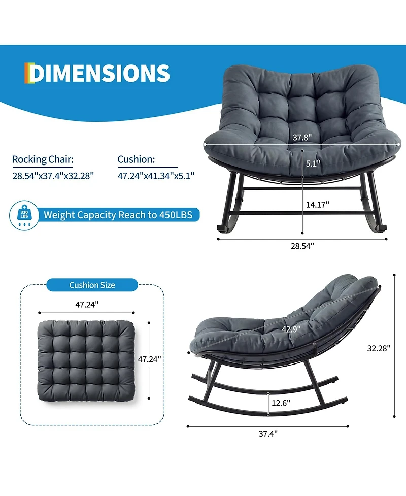 homfan Outdoor Rocking Chair – Papasan Rocking Chair with Removable Cushion, Oversized Rocking Chair for Outside, Balcony, Living Room or Porch