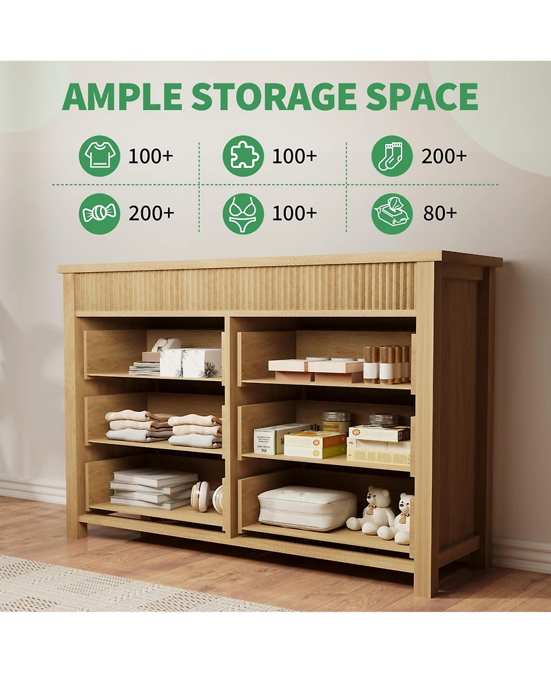 homfan 6-Drawer Wood Storage Dresser Fluted-Shape Chest of Drawers, 47.2" Organizer Cabinet for Bedroom, Living Room and Nursery