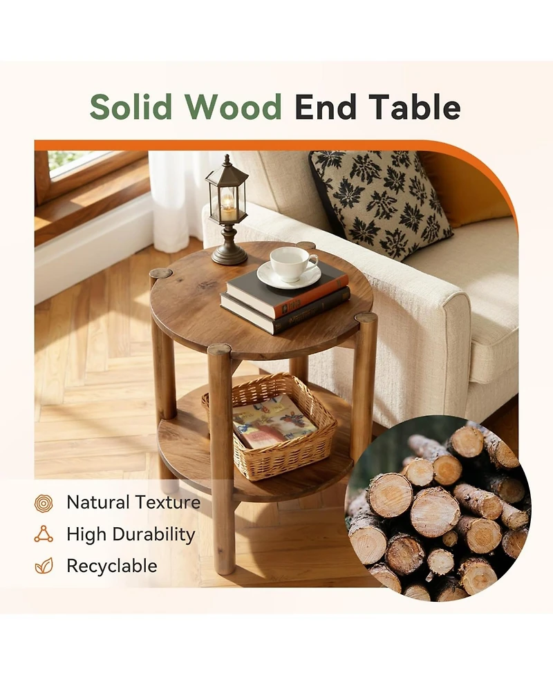 Tribesigns 2-Tier Solid Wood Round Side Table Set of 2, Farmhouse Rustic Nightstand, Small End Table