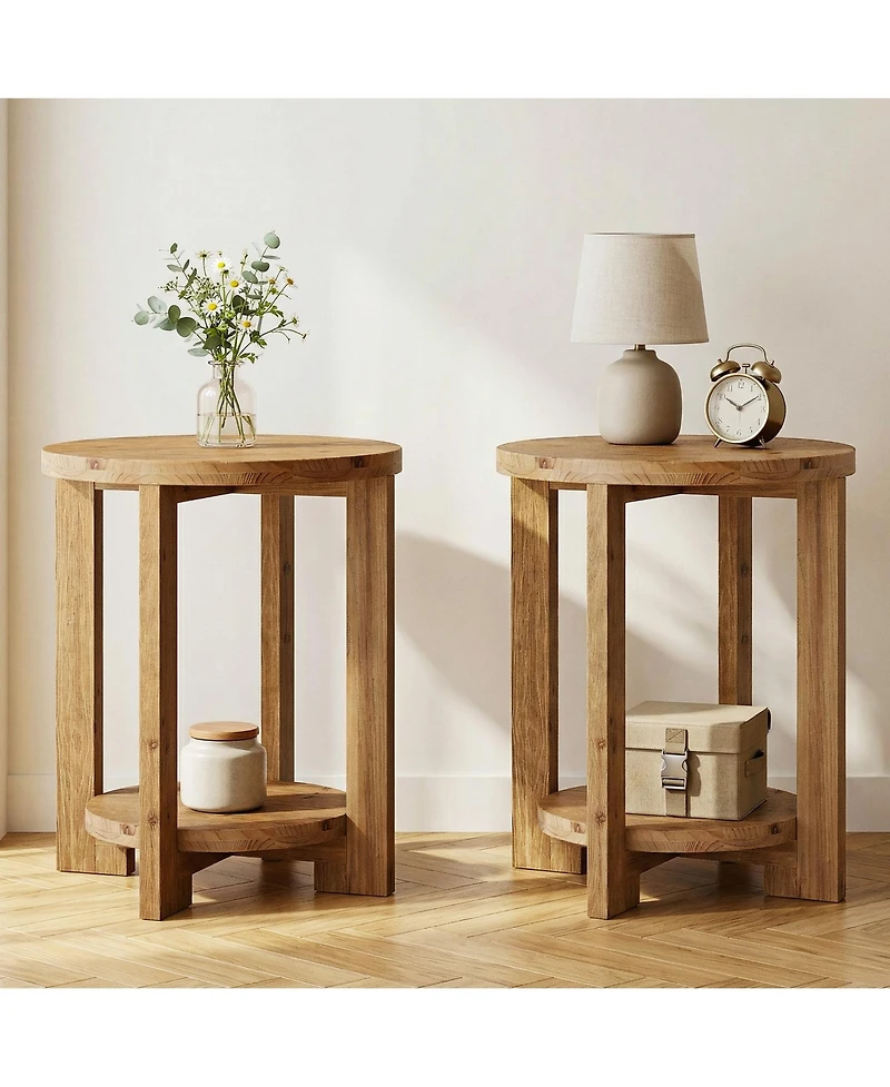 Tribesigns Solid Wood Round End Table Set of 2, Accent Bed Side Table with Storage Shelf, 2-Tier Circle Wood Nightstand