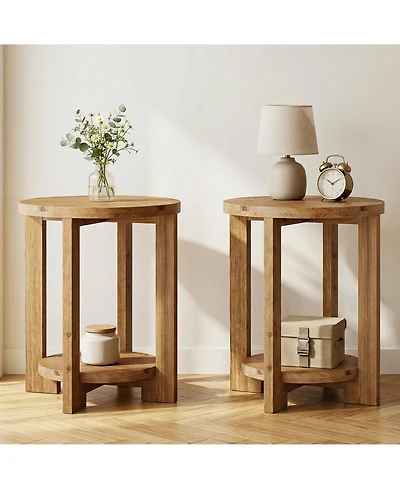 Tribesigns Solid Wood Round End Table Set of 2, Accent Bed Side Table with Storage Shelf, 2-Tier Circle Wood Nightstand