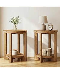 Tribesigns Solid Wood Round End Table Set of 2, Accent Bed Side Table with Storage Shelf, 2-Tier Circle Wood Nightstand