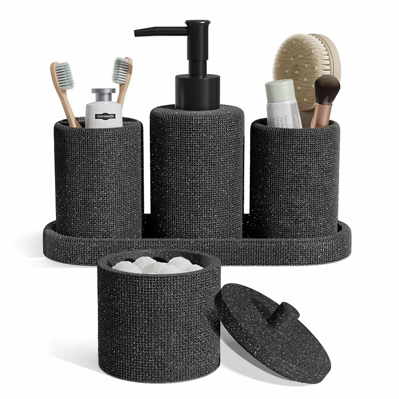 Clara Clark Complete Burlap Texture Polyresin Bathroom Decor and Accessory Set with Shower Curtain