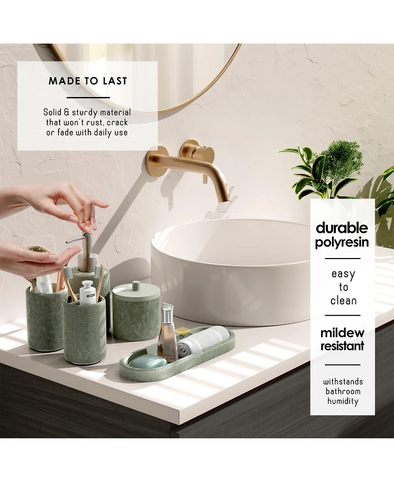 Complete Burlap Texture Polyresin Bathroom Decor and Accessory Set with Shower Curtain