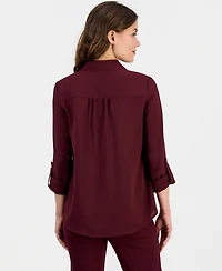 Anne Klein Essentials Petite V-Neck 3/4-Length Roll-Tab Sleeve Blouse