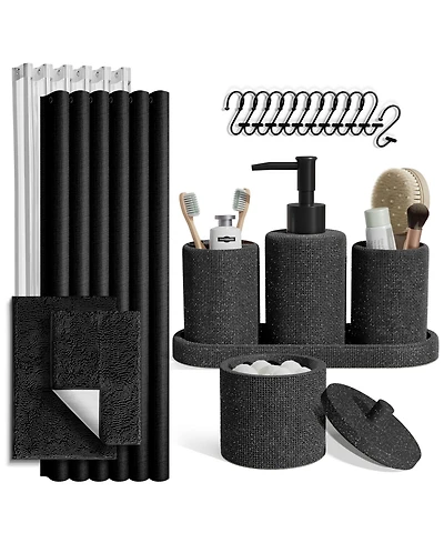 Clara Clark Complete Burlap Texture Polyresin Bathroom Decor and Accessory Set with Shower Curtain and Bath Rugs