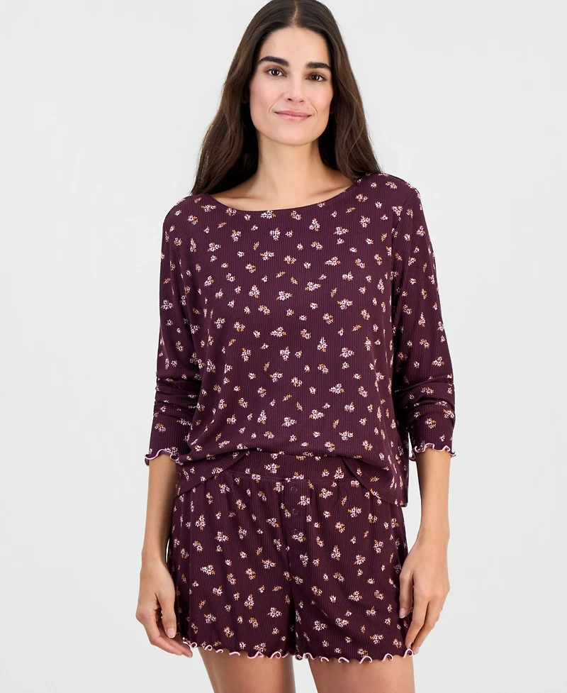 Roudelain Women's Boat Neck Long-Sleeve Top & Shorts, 2-Piece Pajama Set