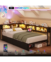 gaomon Corner Bed Frame with Charging Station and Led Lights, Storage Drawers Bookcase Headboard, Modern Daybed for Kids, Teens, Guests