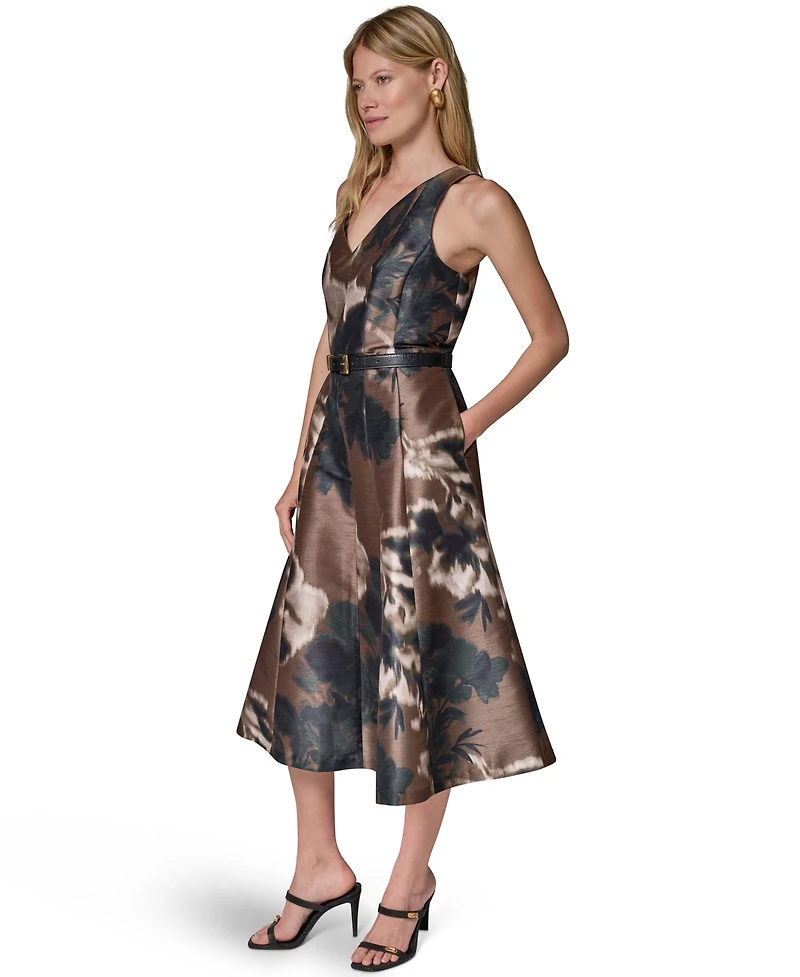 Donna Karan New York Women's Dupion Print Belted Midi Dress
