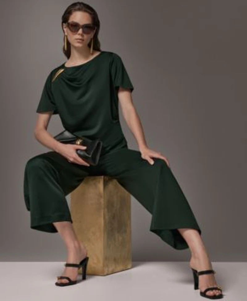 Donna Karan New York Womens Ruched Side Short Sleeve Top Wide Leg Pull On Pants