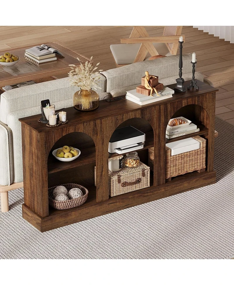 gaomon 63 Inch Mid Century Tv Stand, Console Table with Charging Station 3 Tier Media Console for Tv Up to 70 Inch, Living Room Entryway