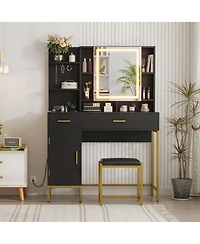 homfan Makeup Vanity with Led Lights, Modern Dressing Set with Cushioned Stool, 3 Lighting Modes 2 Drawers, Open Shelves, Cabinet and Charging Station
