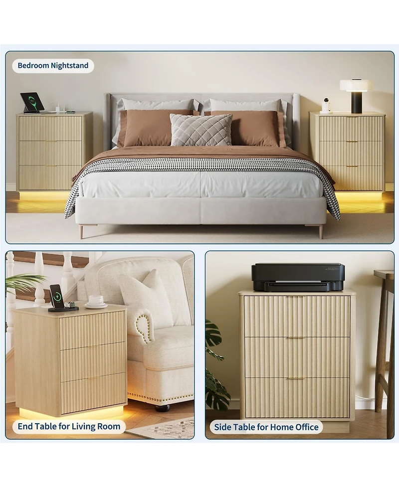 gaomon Fluted Nightstand with Charging Station, Wooden Nightstand with Led Light, Modern Mid Century Bedside End Table with 3 Drawers
