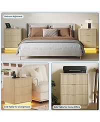gaomon Fluted Nightstand with Charging Station, Wooden Nightstand with Led Light, Modern Mid Century Bedside End Table with 3 Drawers