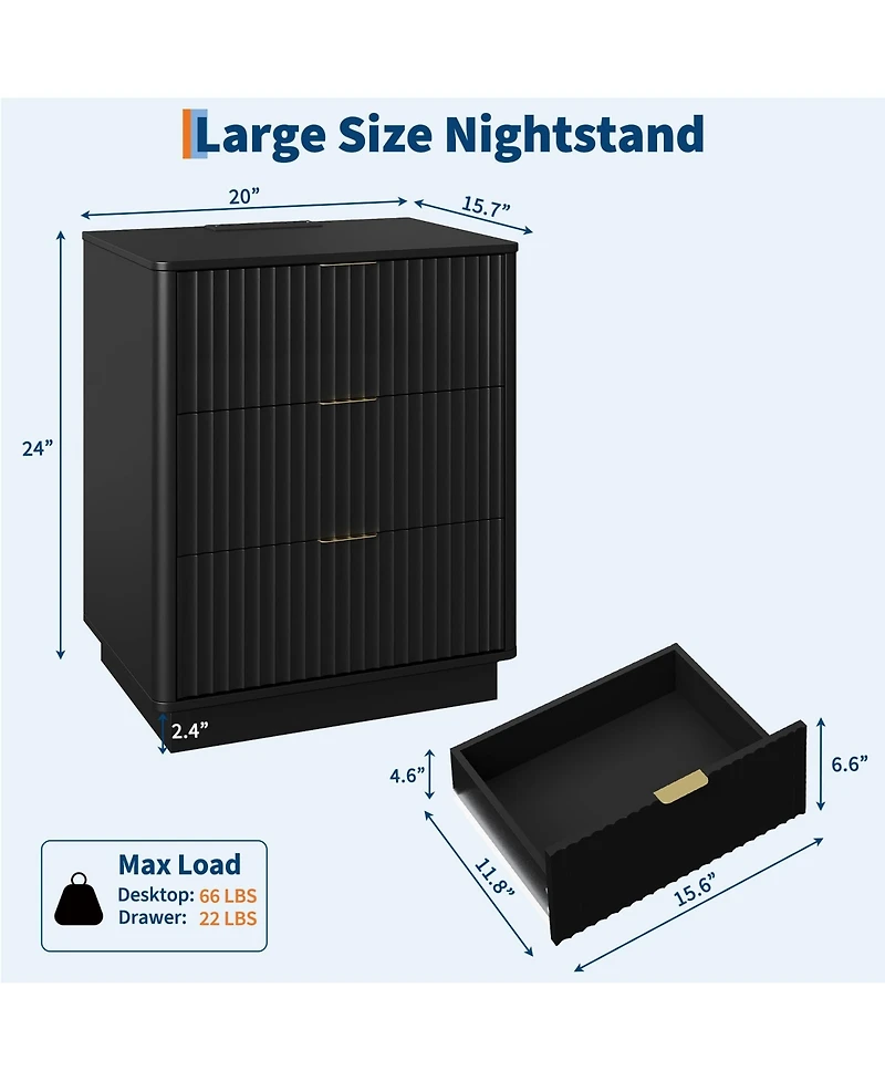 gaomon Fluted Nightstand with Charging Station, Wooden Led Light, Modern Mid Century Bedside End Table 3 Drawers