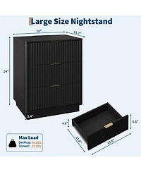 gaomon Fluted Nightstand with Charging Station, Wooden Led Light, Modern Mid Century Bedside End Table 3 Drawers