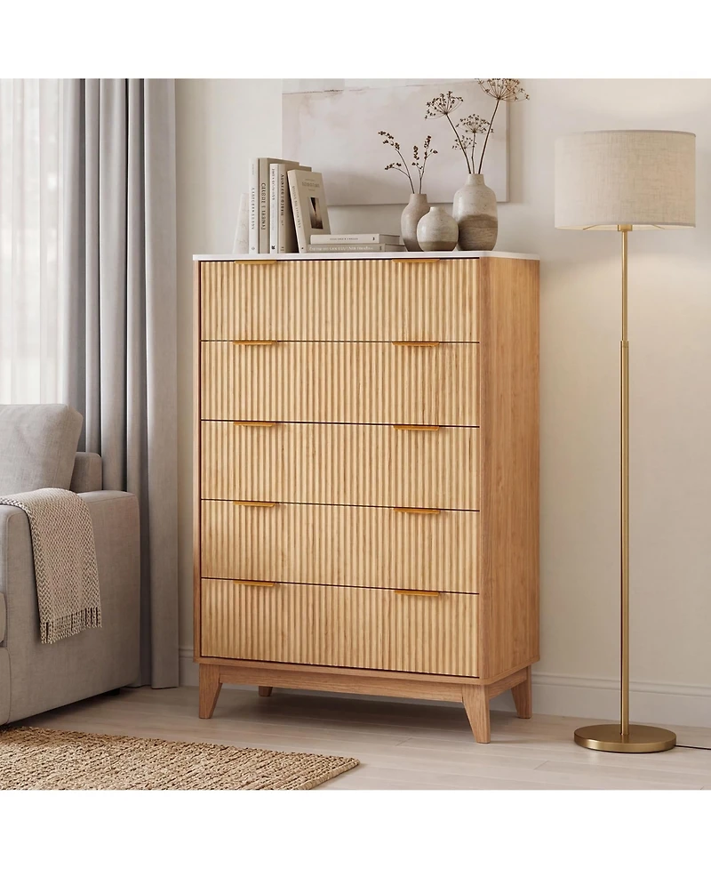 gaomon Fluted 5 Drawer Dresser for Bedroom, Modern Wood Chest of Drawers with Curved Grooved Front and Handles