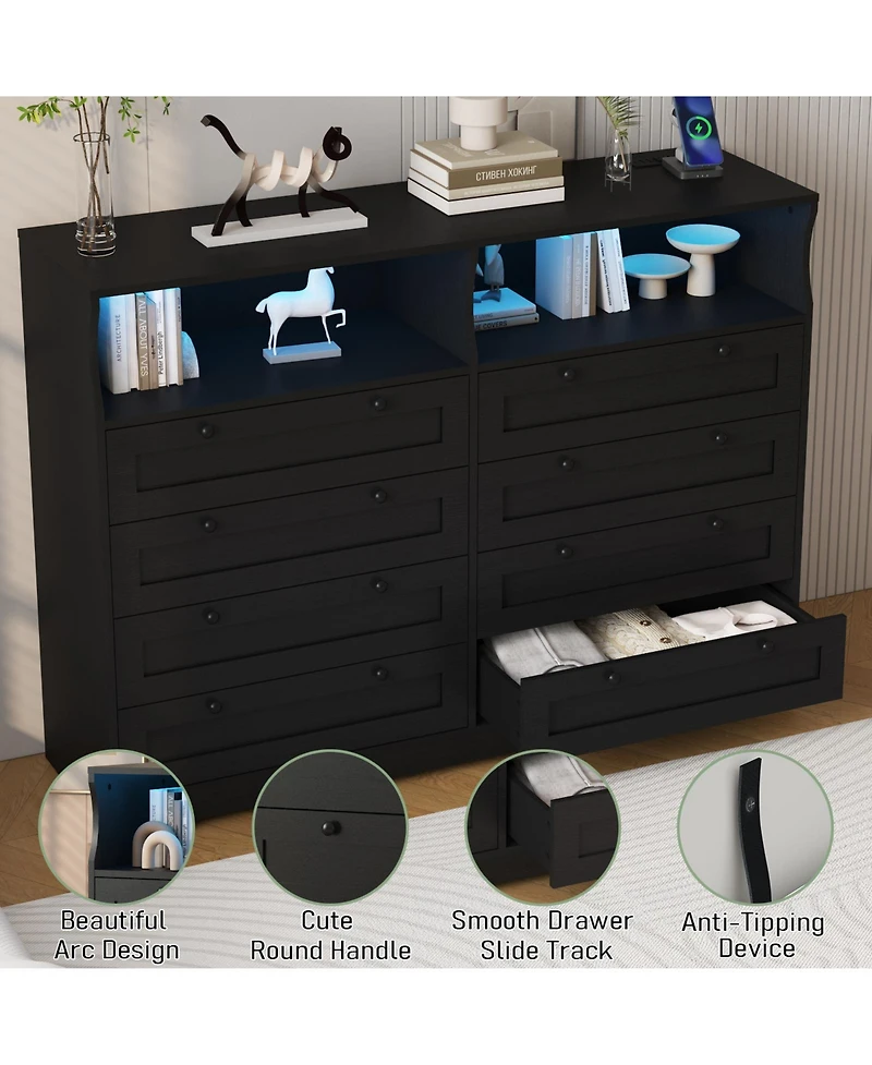 gaomon 8 Drawer Wooden Dresser for Bedroom with Led Lights and Charging Station, Wood Chest of Drawers Adult Kids