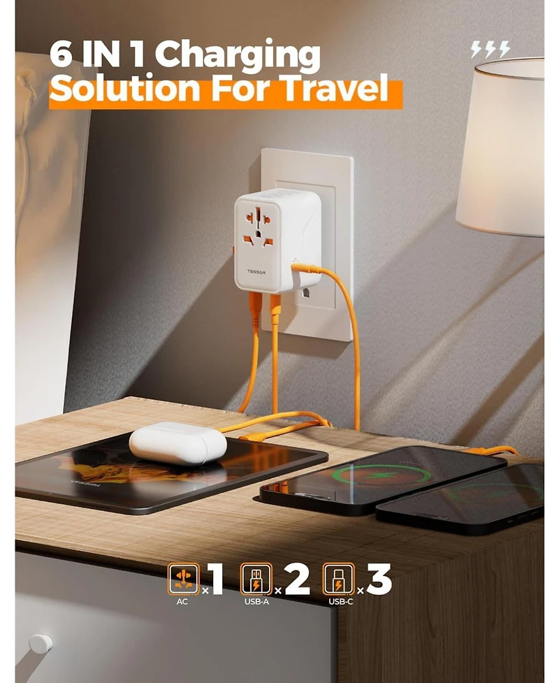 Tessan Universal Travel Adapter 100W GaN, International Power Adapter with 5 Usb(3 Usb C) Charging Ports,Worldwide Outlet for Us to European Europe Uk