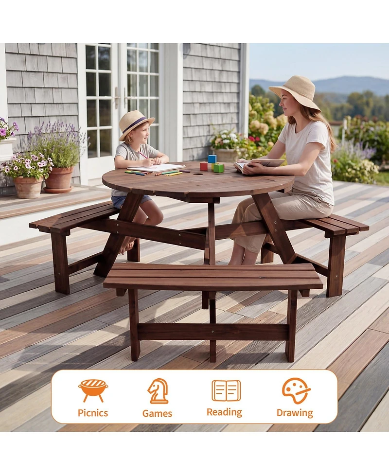 homfan 6 Person Wooden Outdoor Picnic Table with 3 Built-in Benches, Circular Dining and Chairs Set Umbrella Hole for Garden