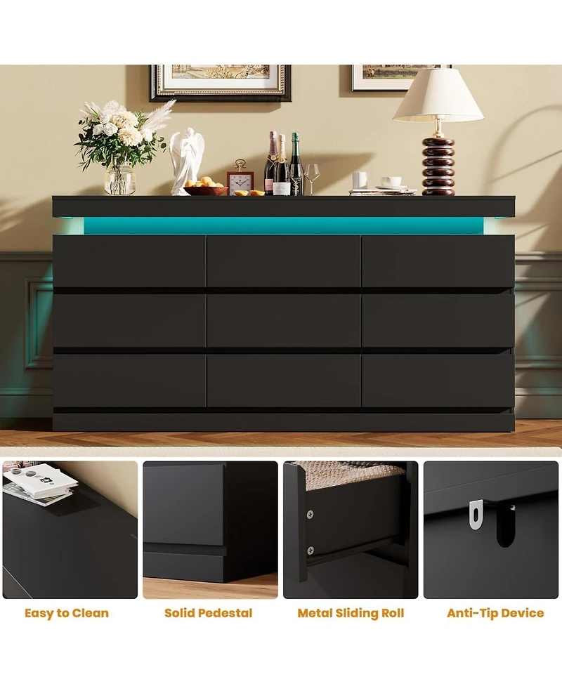 gaomon 9-Drawer Dresser - 63" Wide Chest with Led Light and Charging Station, Multi-Function Organizer for Living Room and Hallway