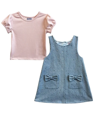 Blueberi Boulevard Girls' 2T-6X Sleeveless Chambray Jumper and T-Shirt, 2-Piece Set