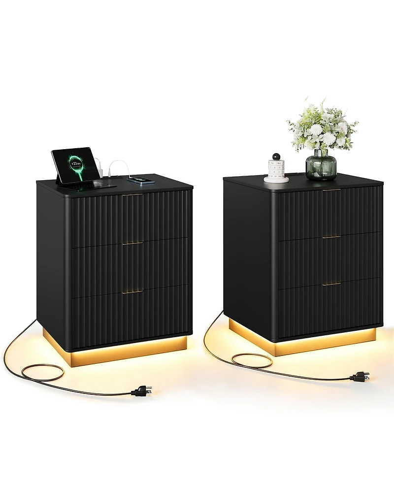 gaomon Fluted Nightstand Set of 2, Wooden Night Stand with Charging Station and Led Light, Modern Mid Century Bedside End Table 3 Drawers
