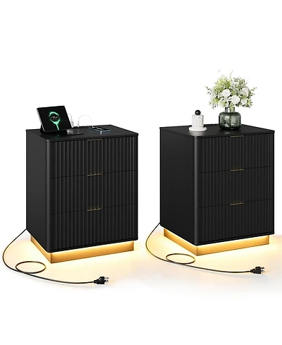 gaomon Fluted Nightstand Set of 2, Wooden Night Stand with Charging Station and Led Light, Modern Mid Century Bedside End Table 3 Drawers
