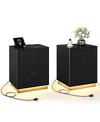 gaomon Fluted Nightstand Set of 2, Wooden Night Stand with Charging Station and Led Light, Modern Mid Century Bedside End Table 3 Drawers