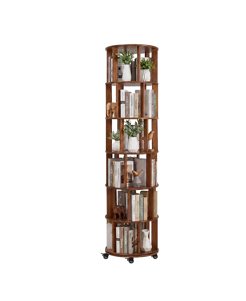 Streamdale Furniture 6-Tier Rotating Solid Wood Bookshelf Tower with Wheels