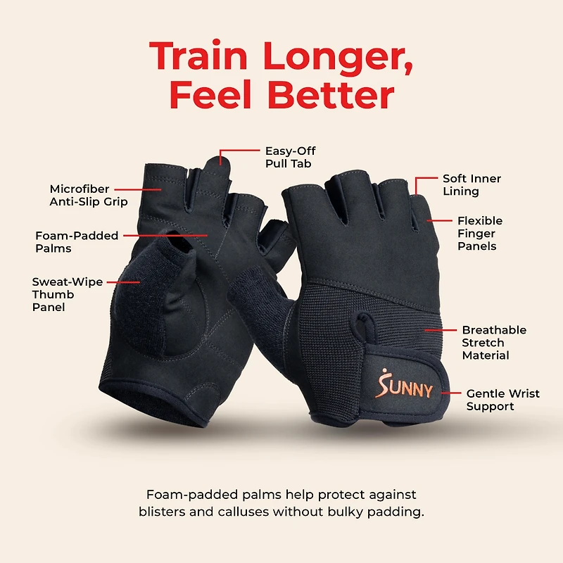 Sunny Health & Fitness Weightlifting Gloves, with Foam-Padded Palm and Enhanced Grip Control for Strength Training