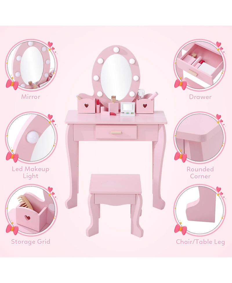 homfan Lighted Mirror Kids Vanity Table and Chair Set - Wooden Princess Makeup Dressing with Stool Pretend Play Storage Drawer