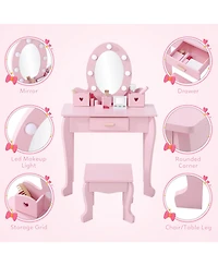 homfan Lighted Mirror Kids Vanity Table and Chair Set - Wooden Princess Makeup Dressing with Stool Pretend Play Storage Drawer