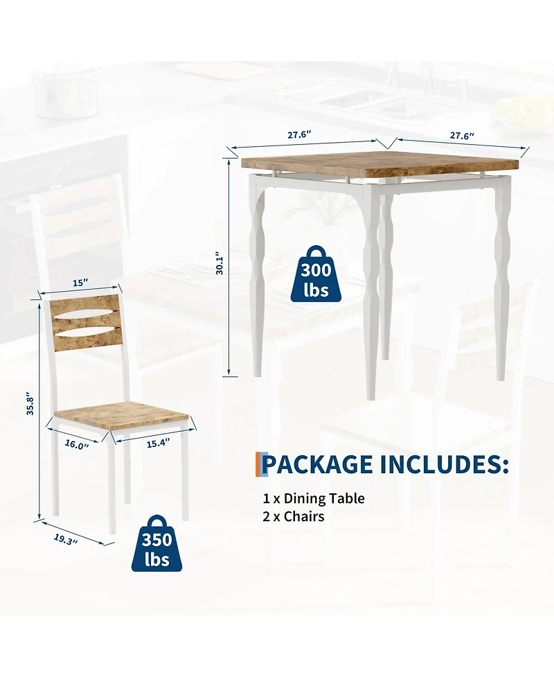 homfan Dining Table Set of 3, Wooden Kitchen with Spiral Metal Legs and Cushioned Chairs