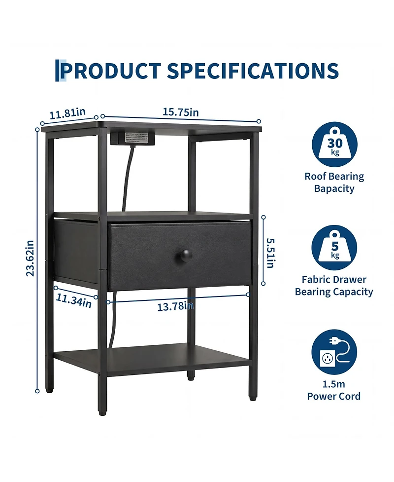 gaomon Nightstand with Charging Station, 3-Tier Open Storage Side Table Fabric Drawer, Sturdy Metal Frame End