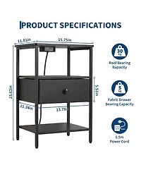 gaomon Nightstand with Charging Station, 3-Tier Open Storage Side Table Fabric Drawer, Sturdy Metal Frame End