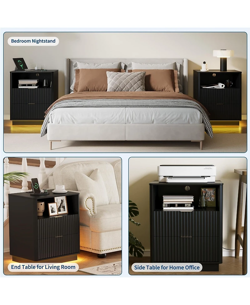 gaomon Fluted Nightstand with Charging Station, Wooden Night Stand Led Light