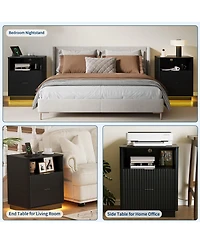 gaomon Fluted Nightstand with Charging Station, Wooden Night Stand Led Light