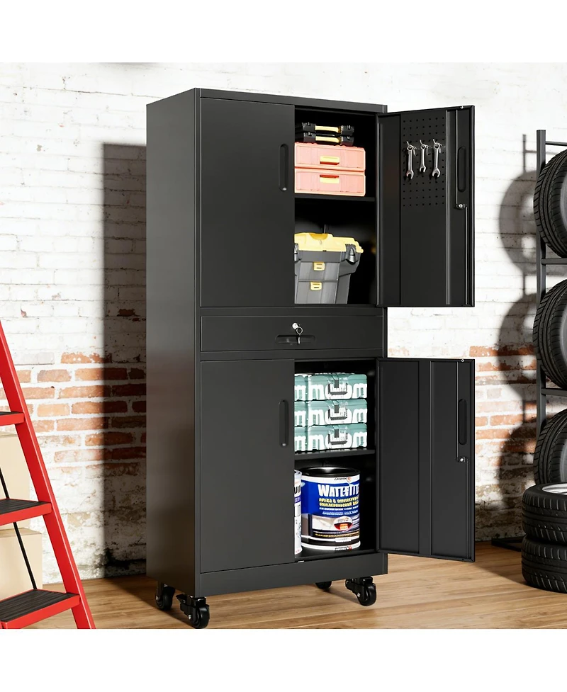 Streamdale Furniture 71" Metal Storage Cabinet with Drawer, Locking Doors, Shelves and Pegboard