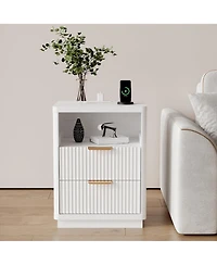 gaomon Fluted Nightstand with Charging Station, Mid Century Modern Fluted Nightstand, 2 Drawers Wooden Night Stand