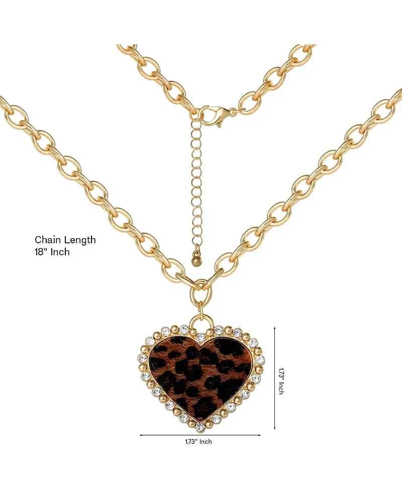 Jessica Simpson Chunky Heart Necklace for Women with Cheetah Print and Pave Crystals, 18"+2" Heart Pendant Necklace