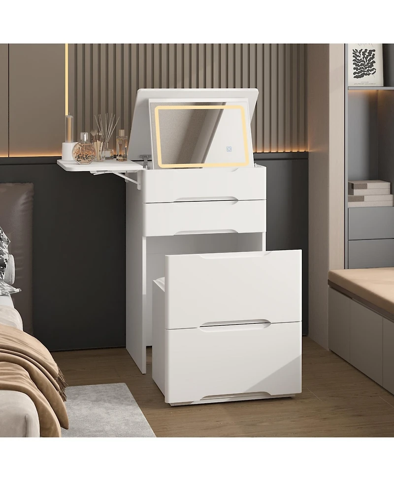 Homsee 20-Inch Vanity Table with Led Mirror and Storage Drawers - Makeup Desk with Foldable Side Table and Stool