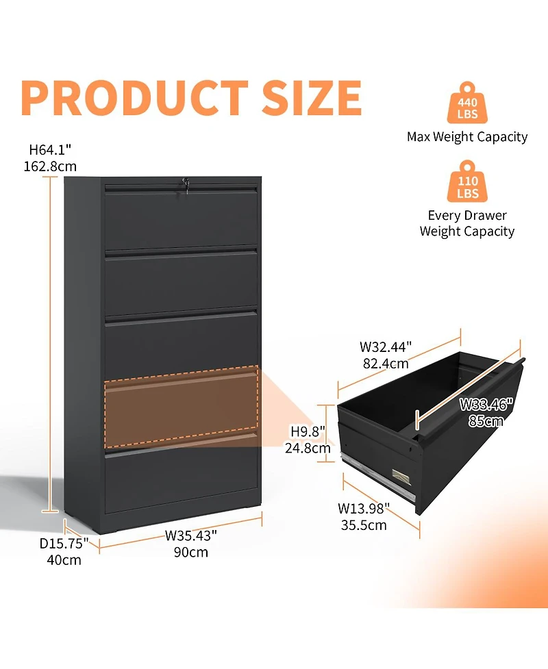 Streamdale Furniture 5-Drawer Metal Lateral File Cabinet with Lock