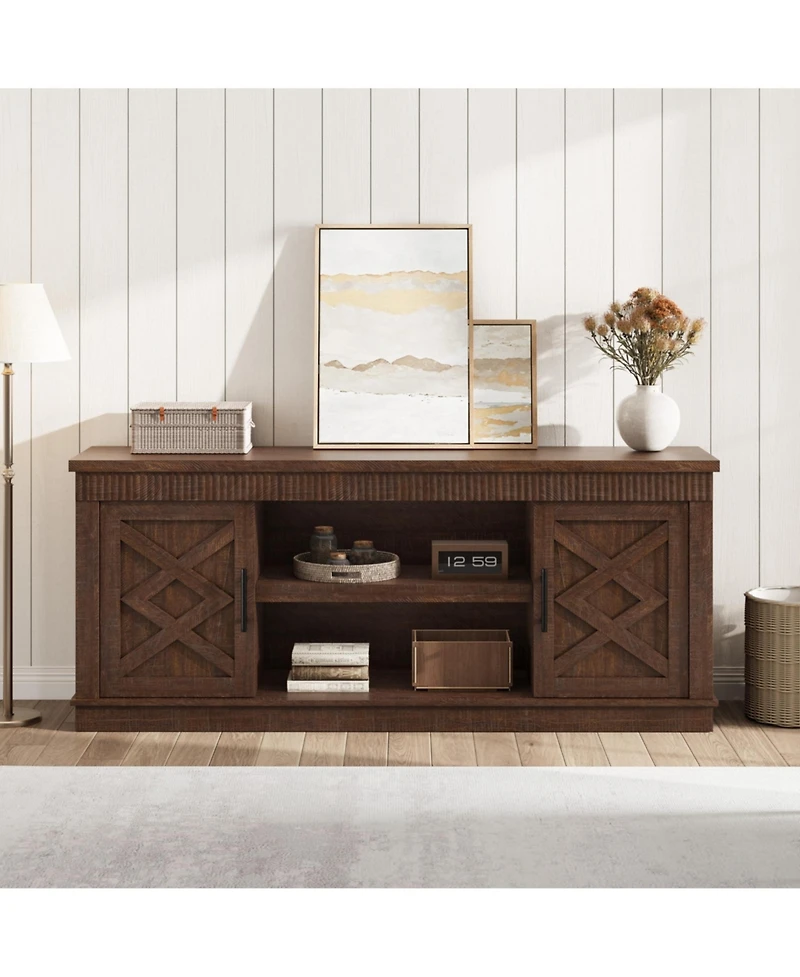 gaomon Farmhouse Tv Stand for 65/70 Inch TVs, 65 in Long Entertainment Center with 2 Door and Open Storage Shelf, Fluted Television Consoles Stands