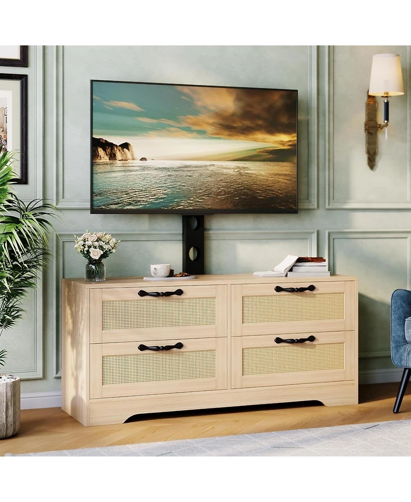 gaomon 4-Drawer Tv Stands for Living Room, Entertainment Center, 4-Drawer Wicker-Style Mdf Tv Stand with Stand, Living Room Furniture