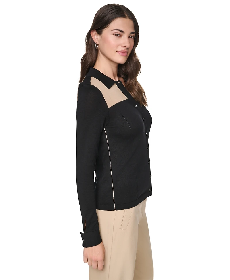 Dkny Women's Colorblock Collared Button-Up Ultralight Top
