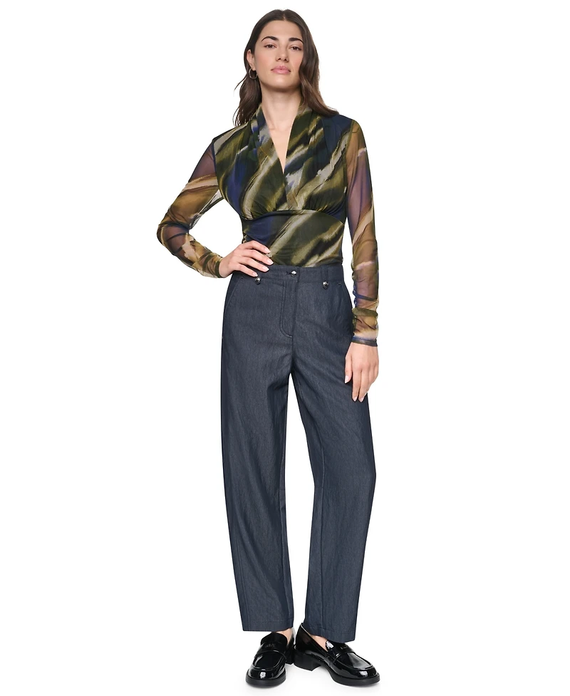 Dkny Women's Barrel-Leg Mid-Rise Indigo Sanded Twill Pants