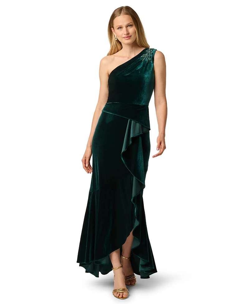 Adrianna Papell Women's One-Shoulder Stretch Velvet Gown